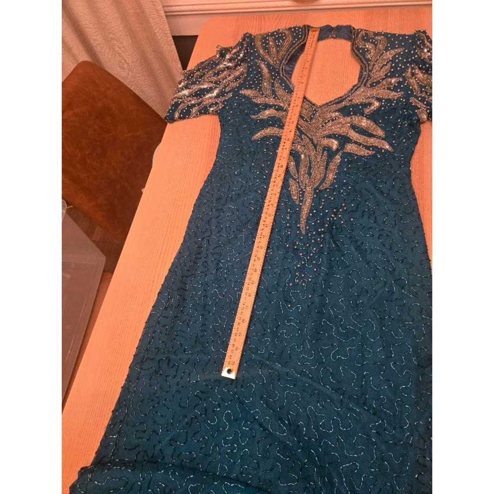 Vintage Silk Beaded Sequin Maxi Dress Teal Gold Keyhole Back Evening Gown Size L - Picture 9 of 13